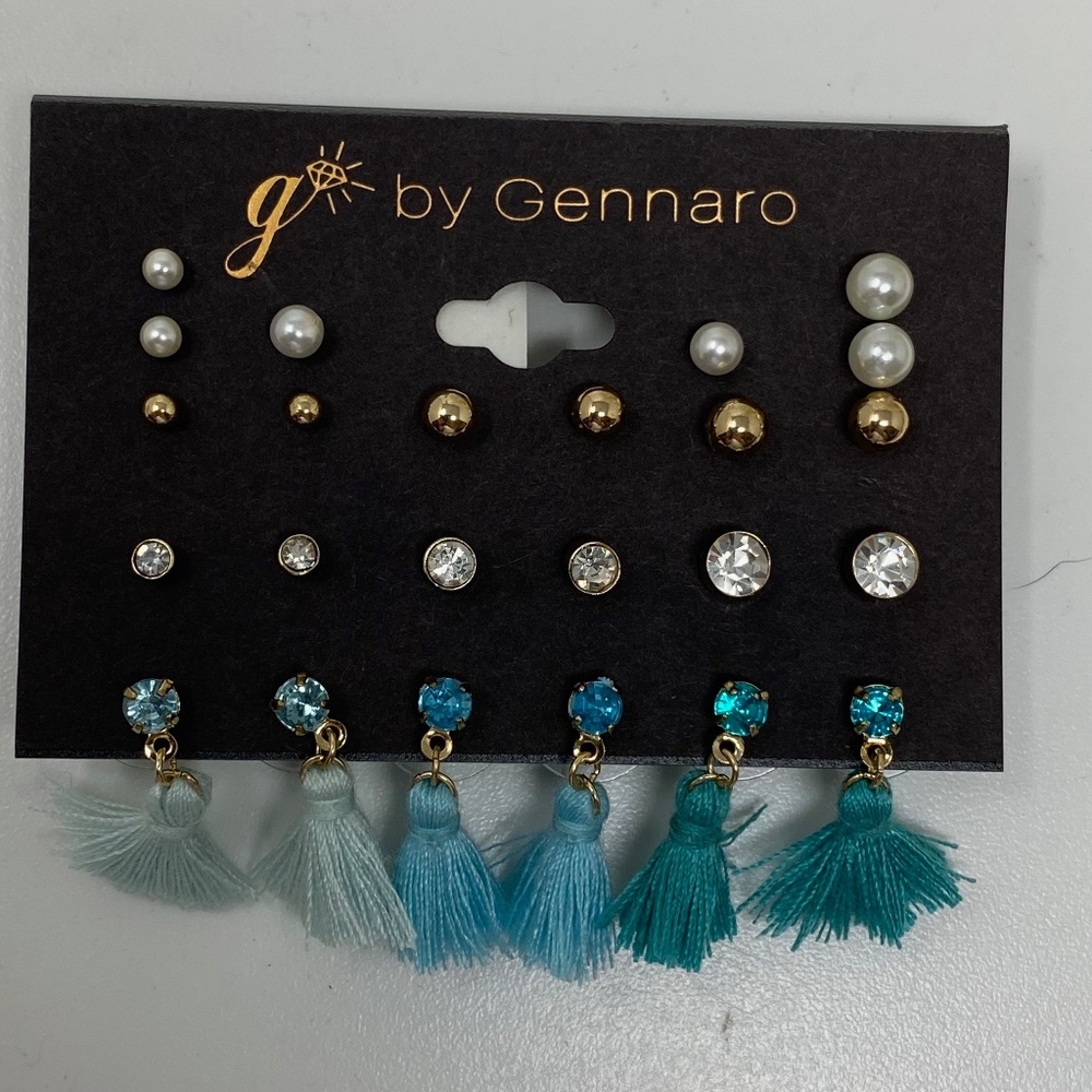 G by Gennaro 12 Pair Post Stud Earrings Faux Pearl Clear Crystal Blue Tassels